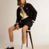 Chaqueta bomber para mujer de lana azul oscuro con detalles en blanco
