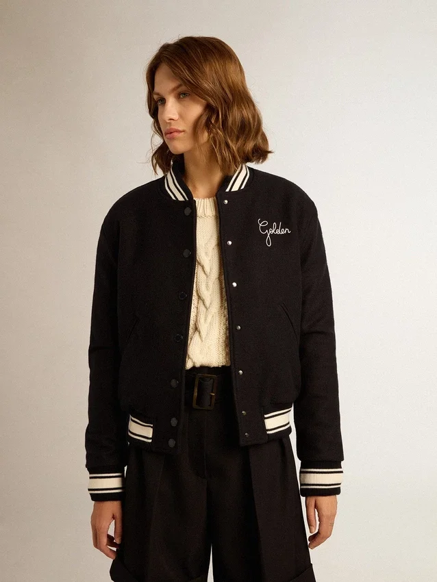 Chaqueta bomber para mujer de lana azul oscuro con detalles en blanco