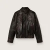 Chaqueta bomber para mujer en piel napa color burdeos oscuro con bordados florales