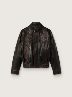 Chaqueta bomber para mujer en piel napa color burdeos oscuro con bordados florales