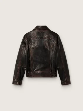 Chaqueta bomber para mujer en piel napa color burdeos oscuro con bordados florales