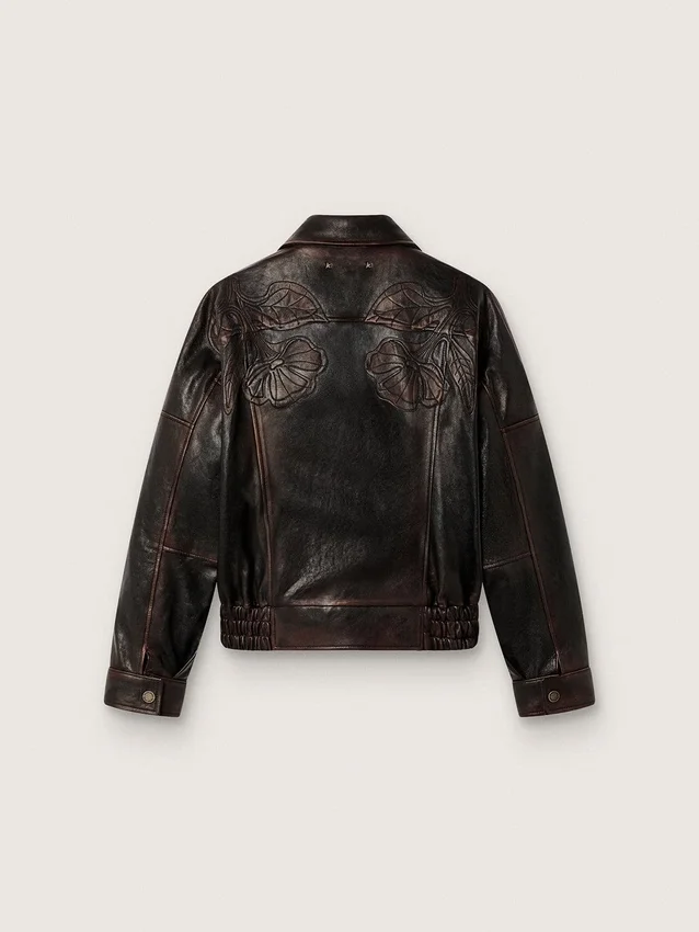 Chaqueta bomber para mujer en piel napa color burdeos oscuro con bordados florales