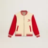 Chaqueta bomber para niños de algodón en color beige y rojo con bordado en el pecho