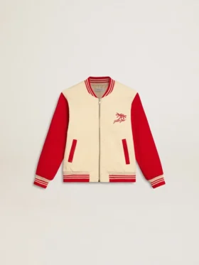 Chaqueta bomber para niños de algodón en color beige y rojo con bordado en el pecho