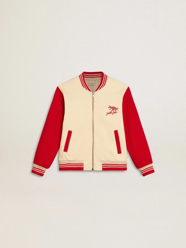Chaqueta bomber para niños de algodón en color beige y rojo con bordado en el pecho