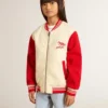 Chaqueta bomber para niños de algodón en color beige y rojo con bordado en el pecho