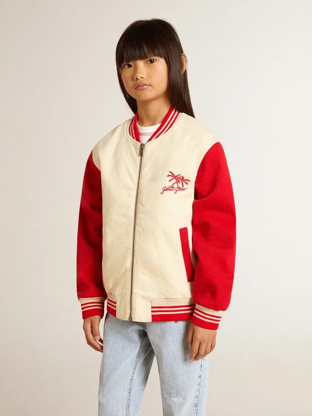 Chaqueta bomber para niños de algodón en color beige y rojo con bordado en el pecho
