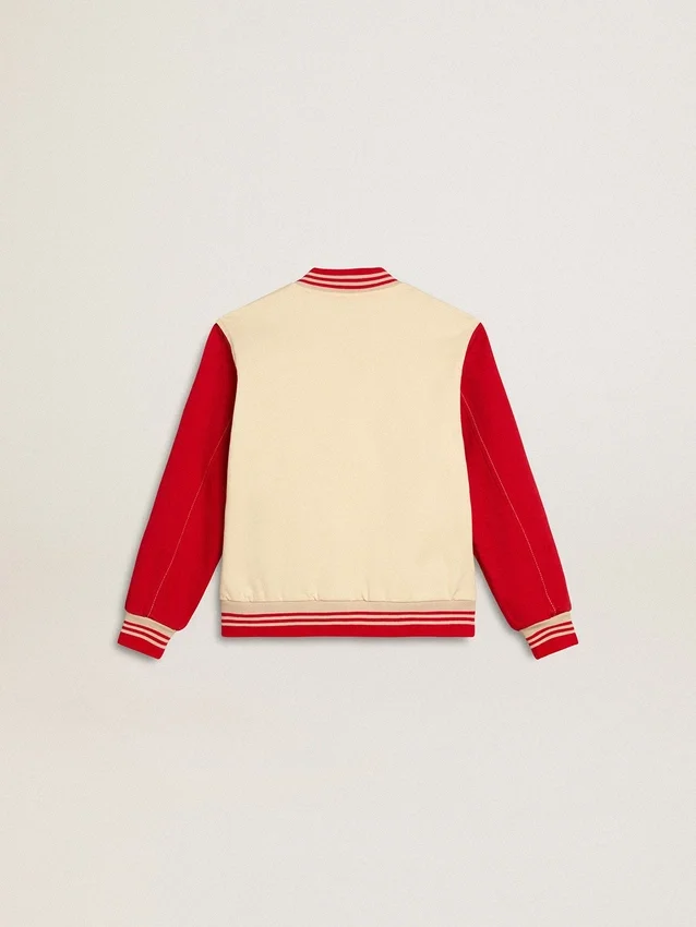 Chaqueta bomber para niños de algodón en color beige y rojo con bordado en el pecho