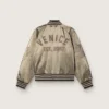 Chaqueta bomber unisex de satén verde con dobladillos y cuello acanalados