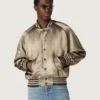 Chaqueta bomber unisex de satén verde con dobladillos y cuello acanalados