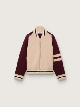 Chaqueta bomber unisex en tejido de punto jacquard blanco y burdeos