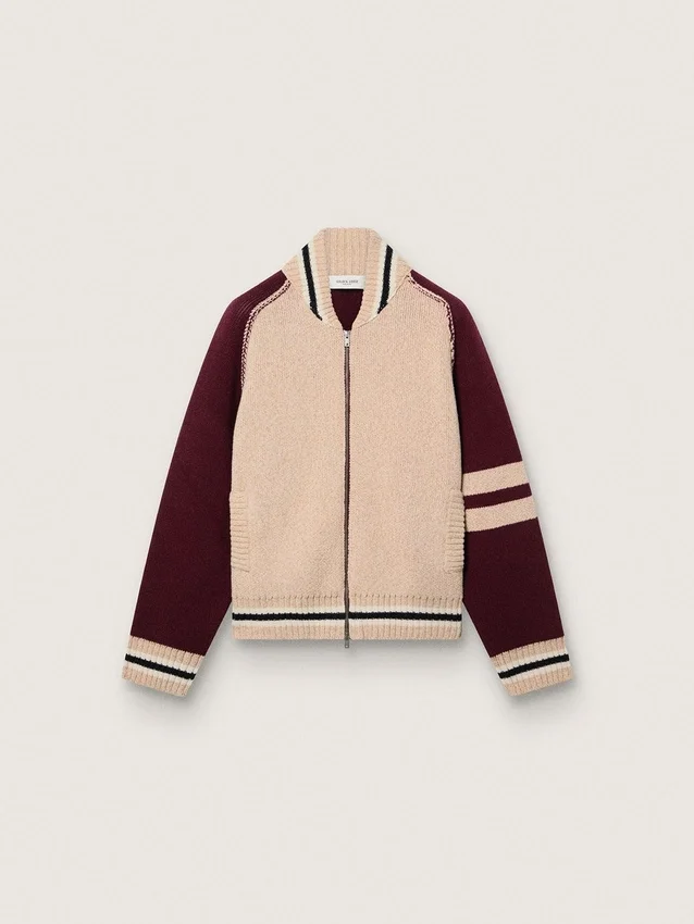 Chaqueta bomber unisex en tejido de punto jacquard blanco y burdeos