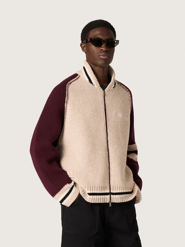 Chaqueta bomber unisex en tejido de punto jacquard blanco y burdeos