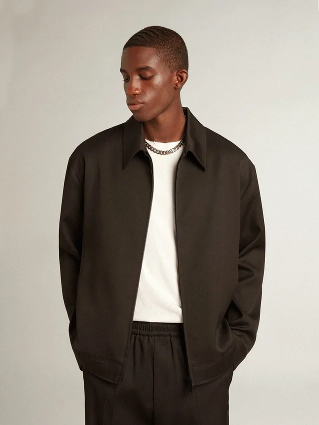 Chaqueta con cremallera para hombre en gabardina de lana negra