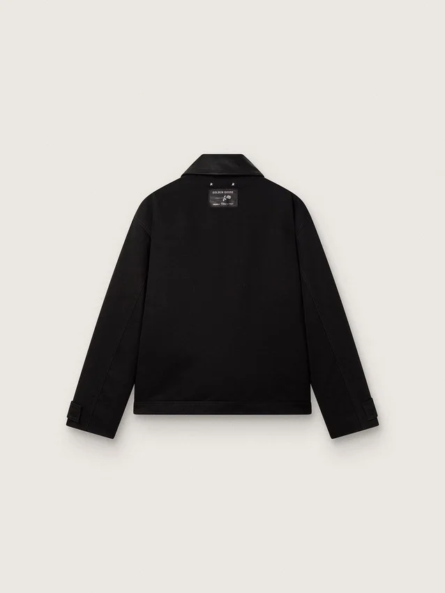 Chaqueta corta acolchada para hombre en algodón negro con cuello de cuero