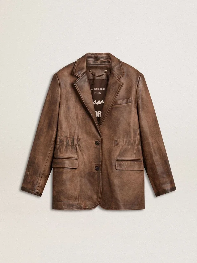 Chaqueta de cuero marrón para mujer
