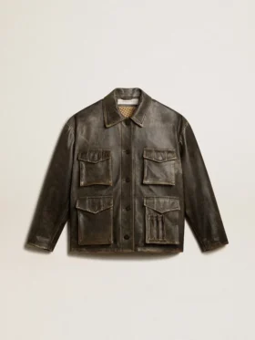 Chaqueta de cuero napa marrón envejecido para mujer
