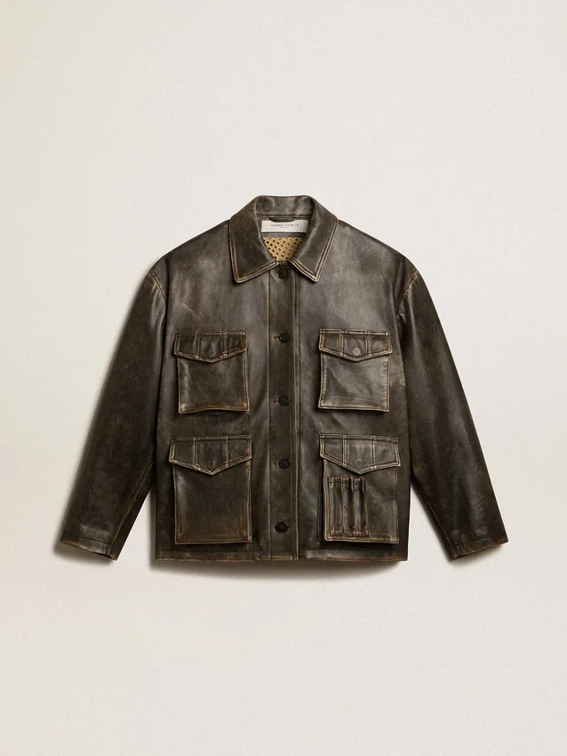 Chaqueta de cuero napa marrón envejecido para mujer