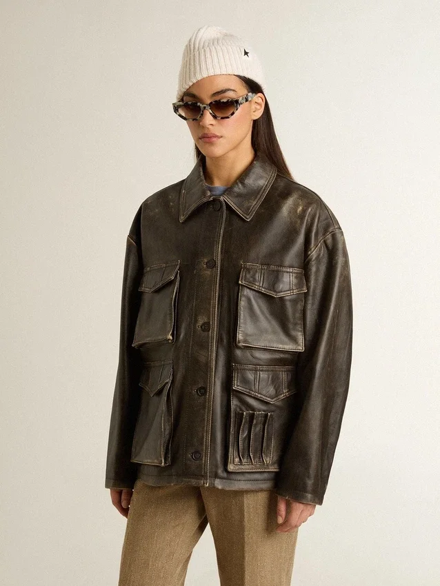 Chaqueta de cuero napa marrón envejecido para mujer