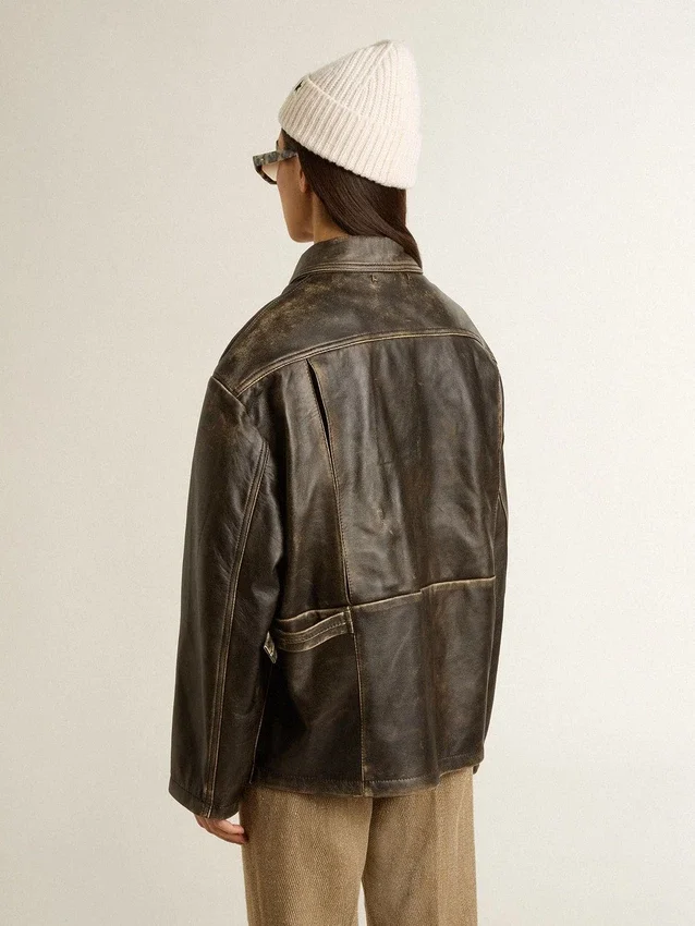 Chaqueta de cuero napa marrón envejecido para mujer
