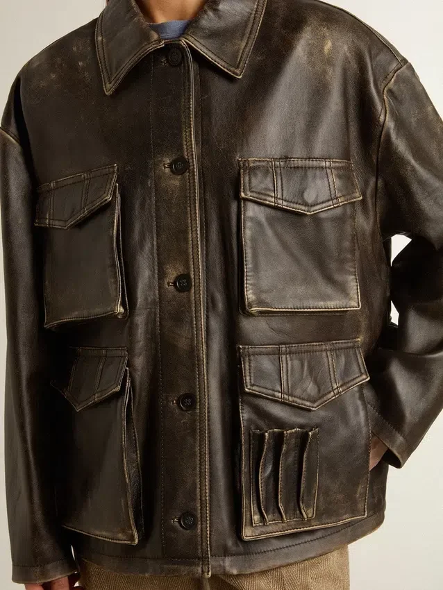 Chaqueta de cuero napa marrón envejecido para mujer