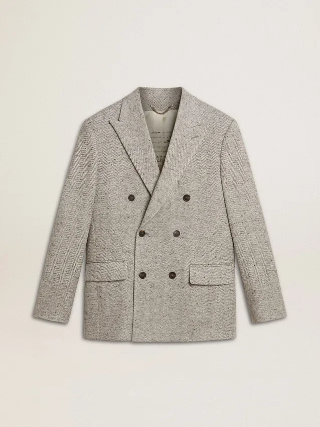 Chaqueta de doble botonadura para hombre en seda gris y lana con diseño de chevrón