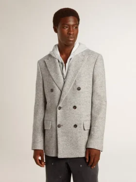 Chaqueta de doble botonadura para hombre en seda gris y lana con diseño de chevrón