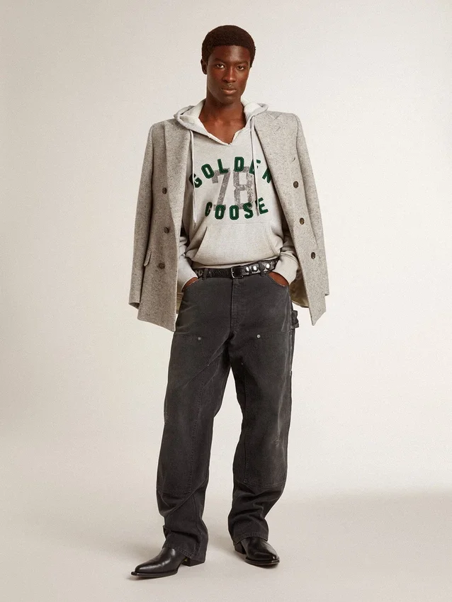 Chaqueta de doble botonadura para hombre en seda gris y lana con diseño de chevrón