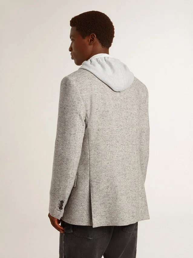 Chaqueta de doble botonadura para hombre en seda gris y lana con diseño de chevrón