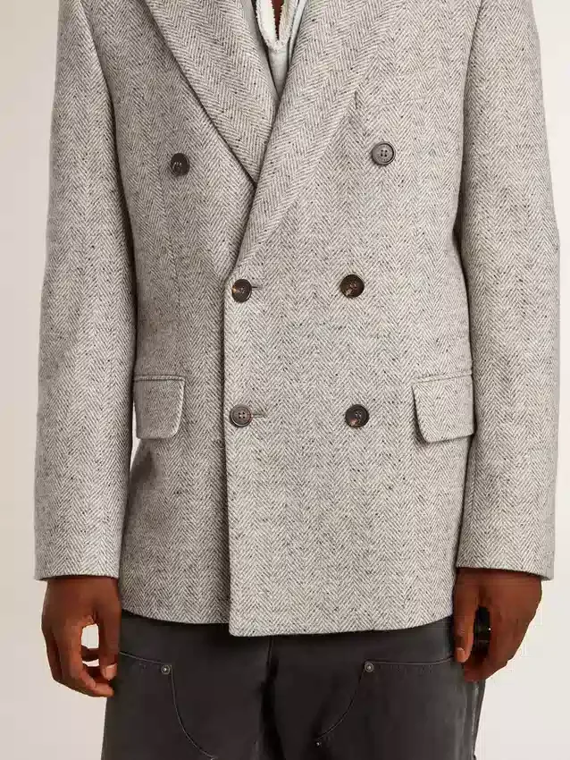 Chaqueta de doble botonadura para hombre en seda gris y lana con diseño de chevrón