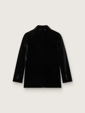 Chaqueta de doble botonadura para mujer en terciopelo negro con solapas de satén negro