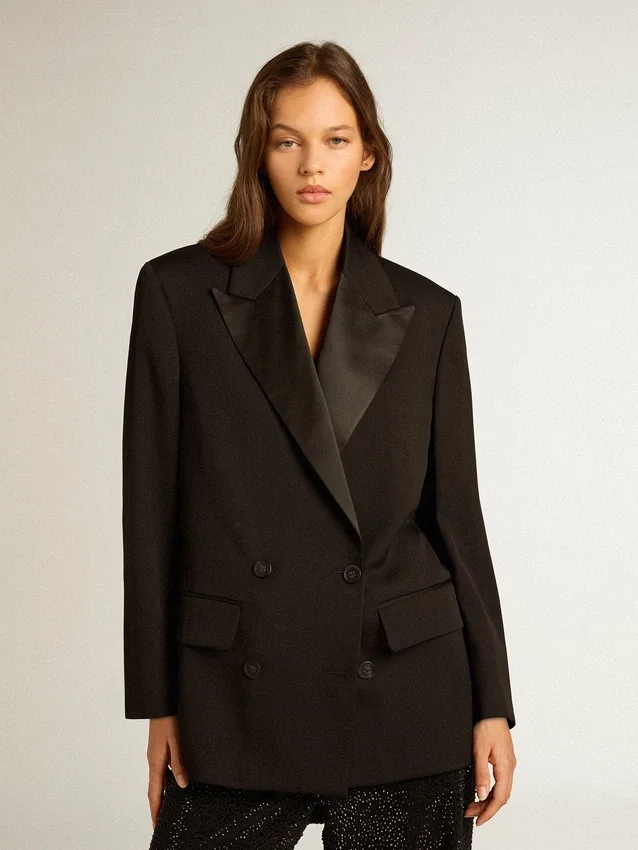 Chaqueta de esmoquin para mujer en gabardina de lana negra