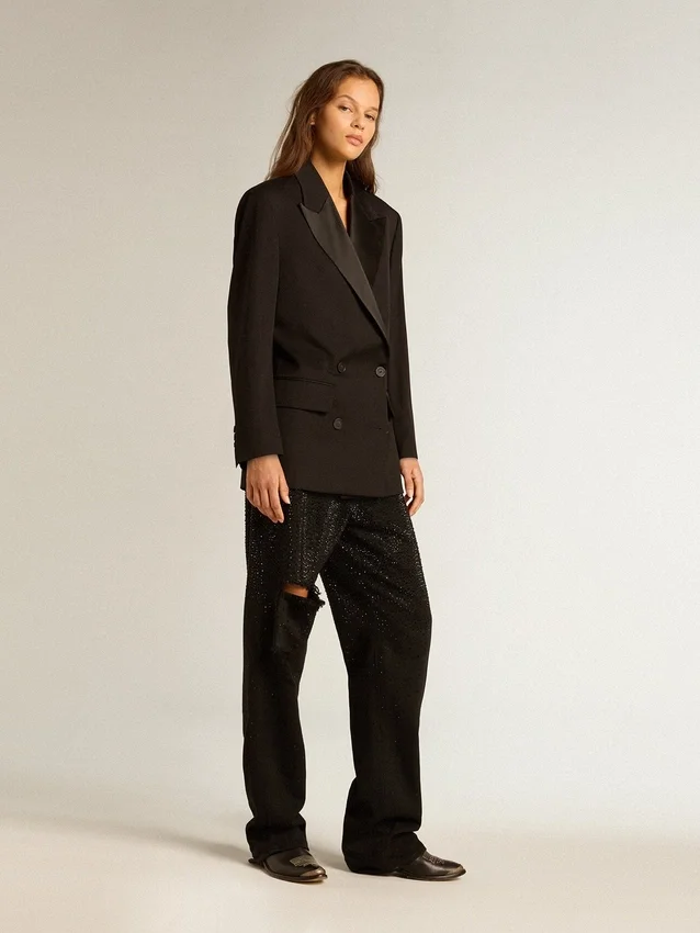 Chaqueta de esmoquin para mujer en gabardina de lana negra