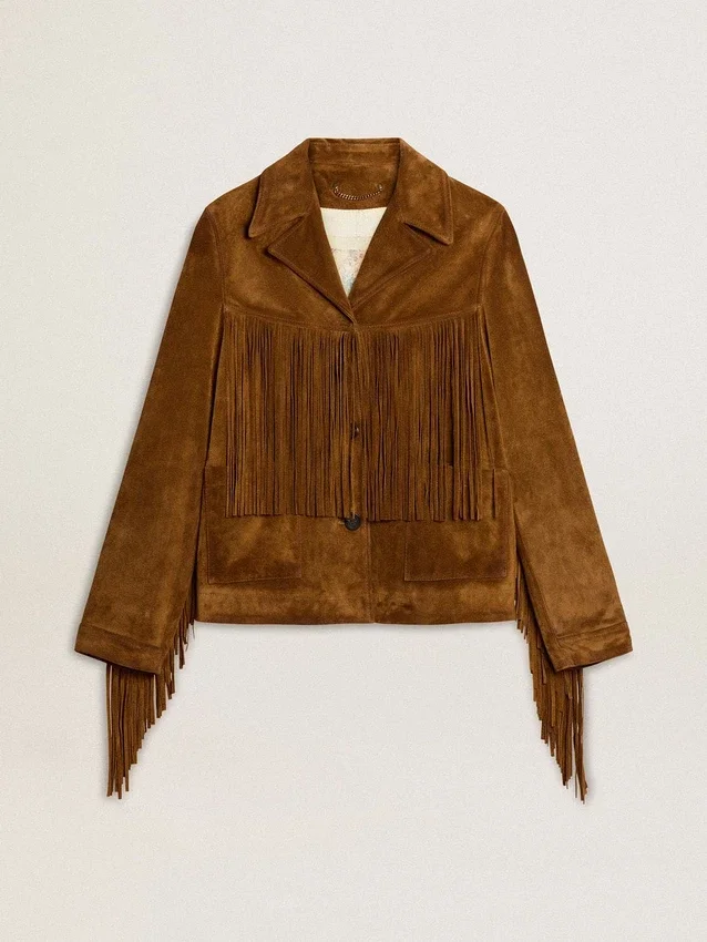 Chaqueta de gamuza color tabaco para mujer con flecos