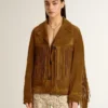 Chaqueta de gamuza color tabaco para mujer con flecos