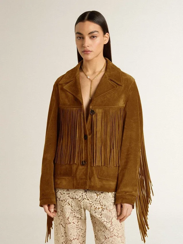 Chaqueta de gamuza color tabaco para mujer con flecos