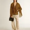 Chaqueta de gamuza color tabaco para mujer con flecos
