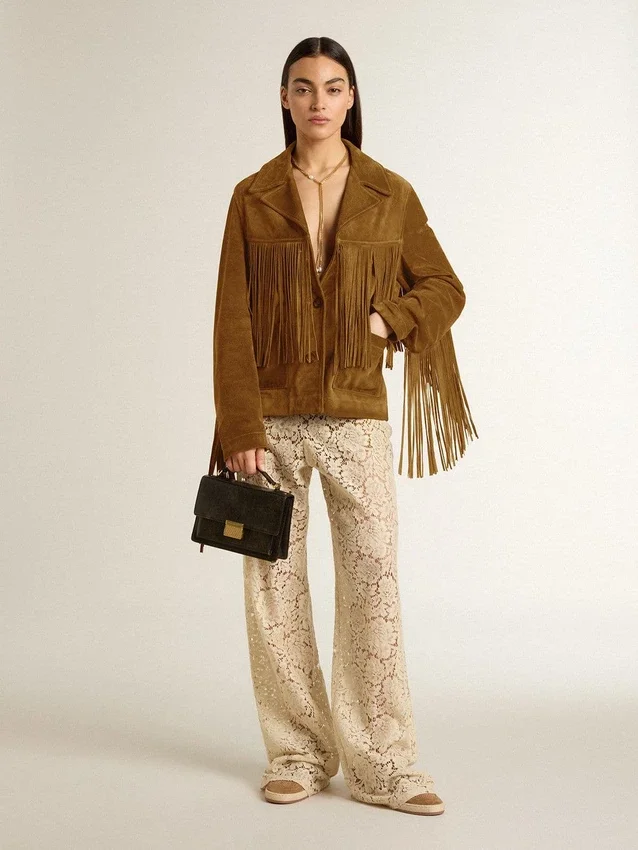 Chaqueta de gamuza color tabaco para mujer con flecos