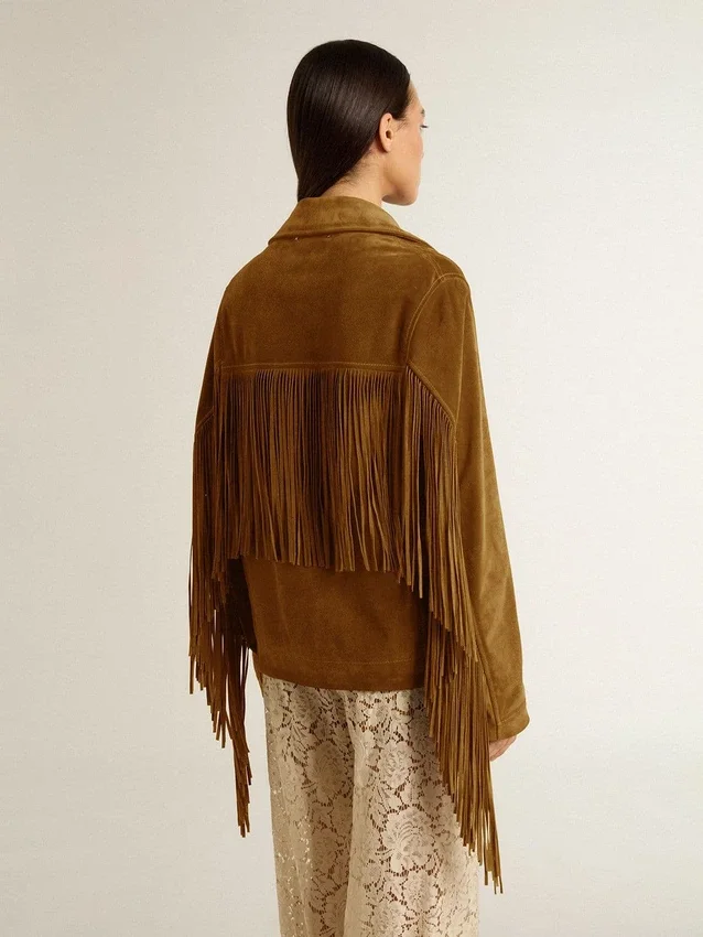 Chaqueta de gamuza color tabaco para mujer con flecos