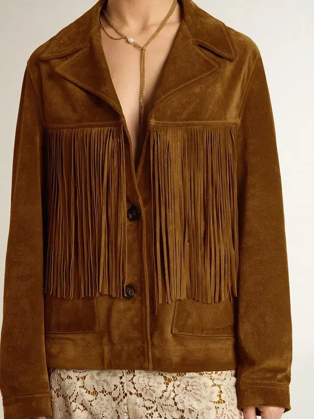 Chaqueta de gamuza color tabaco para mujer con flecos