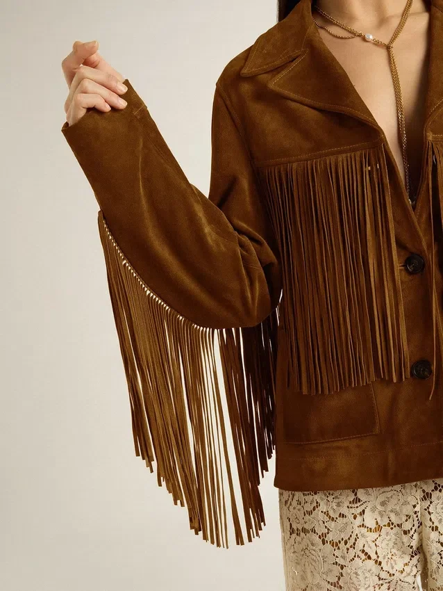Chaqueta de gamuza color tabaco para mujer con flecos