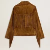 Chaqueta de gamuza color tabaco para mujer con flecos