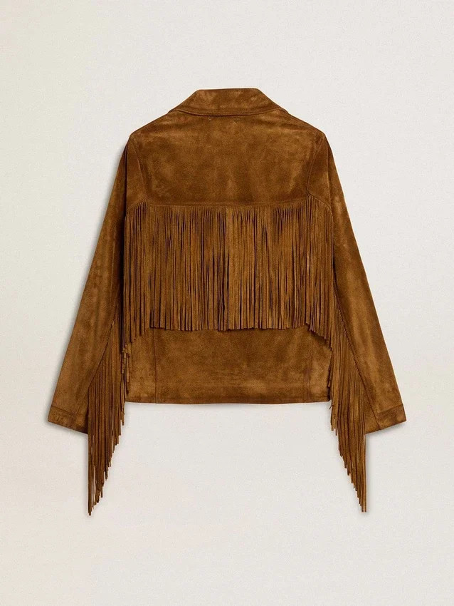 Chaqueta de gamuza color tabaco para mujer con flecos
