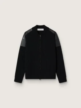 Chaqueta de lana merino negra para hombre con parches de cuero