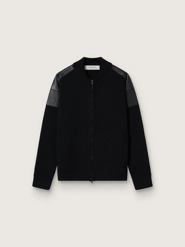 Chaqueta de lana merino negra para hombre con parches de cuero
