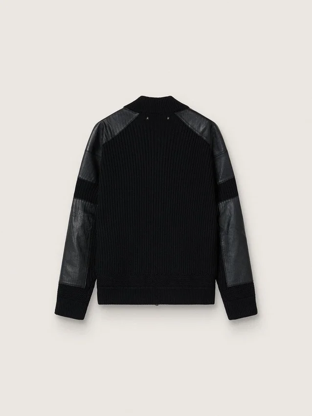 Chaqueta de lana merino negra para hombre con parches de cuero