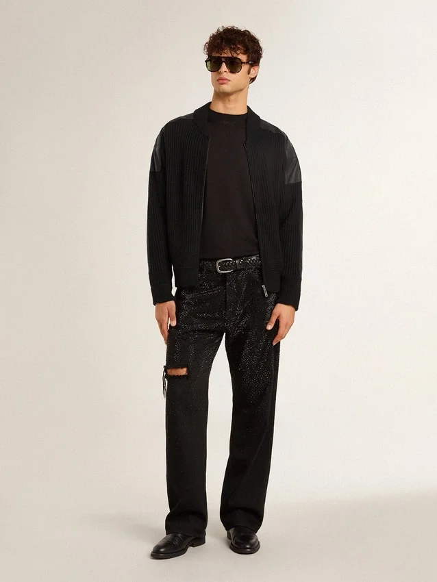 Chaqueta de lana merino negra para hombre con parches de cuero