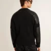 Chaqueta de lana merino negra para hombre con parches de cuero