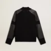 Chaqueta de lana merino negra para hombre con parches de cuero