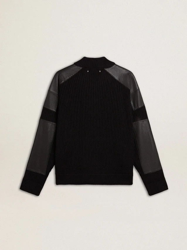 Chaqueta de lana merino negra para hombre con parches de cuero